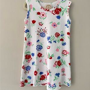 Kids Floral Swing Dress - White with Red, Blue & Pink Flowers